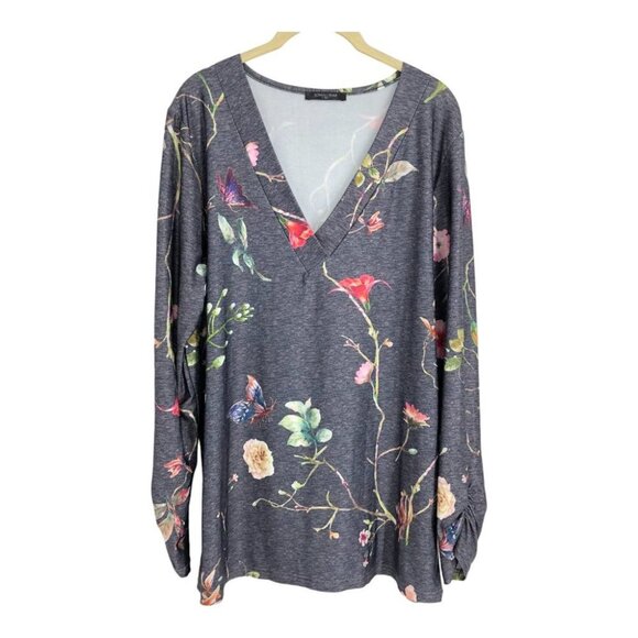 LoveU.Dear Black Heathered Floral Butterfly Print V-Neck Long Sleeve Blouse 1x - Picture 16 of 16